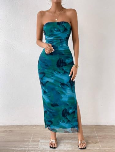 Image of LIGHT DOT Women's Summer Dress Printed Strapless Tube Bodycon Maxi Side Slit Mesh Layered