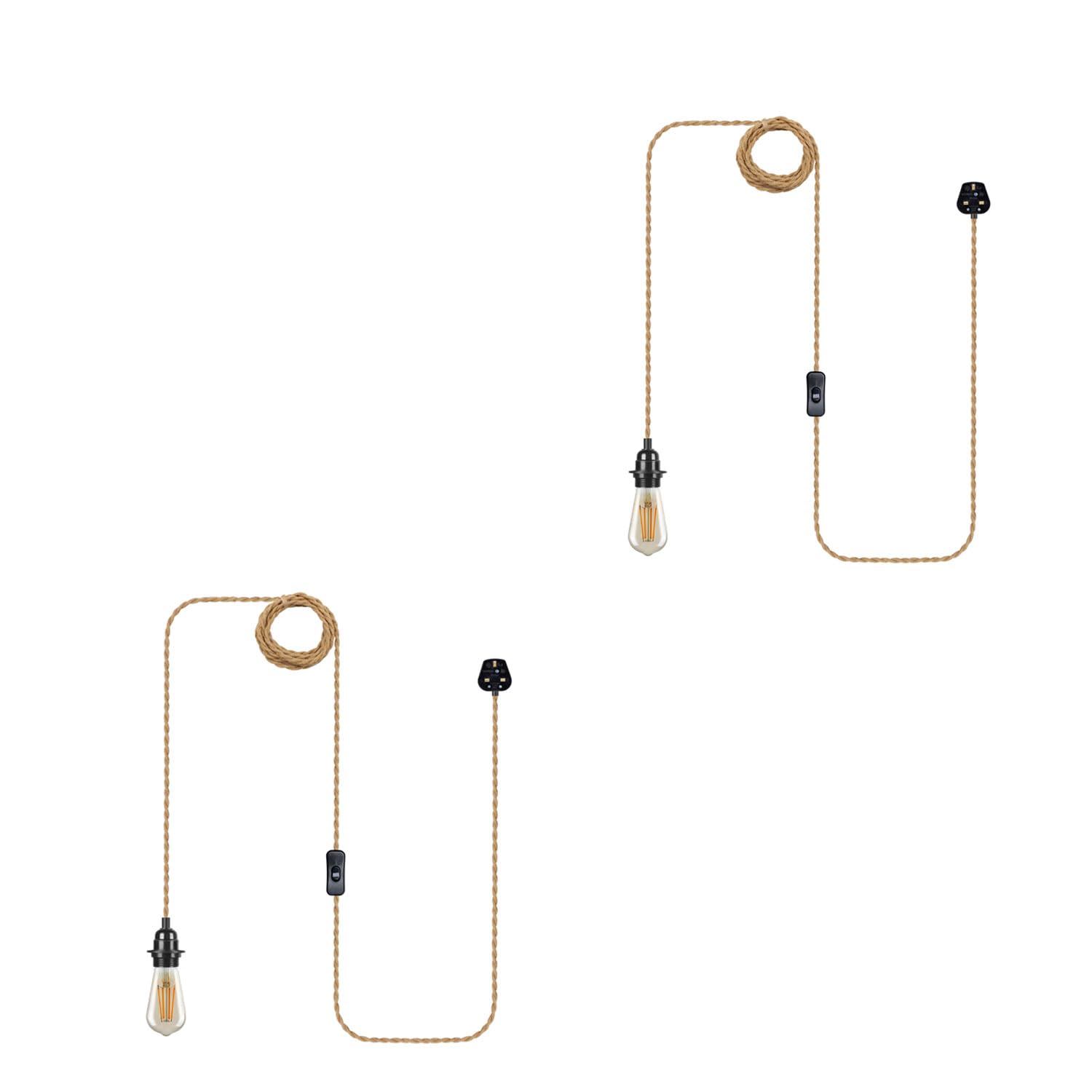 LEDSone Plug in Hanging Light Cord Kit - 4.5m Pendant Hemp Rope E27 Lamp Socket Lantern Bulb Cord with Plug, On/Off Switch Plug in Pendant Light for Vintage Farmhouse Lighting (2 Pack)