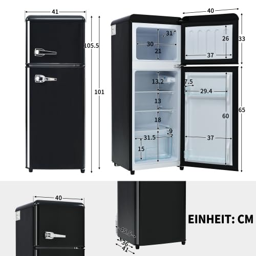 Réfrigérateur Rétro 92L, Frigo Congélateur 2 Portes, Petit Frigo Vintage pour Chambre Bureau Salon, Réfrigérateur Combiné avec Clayettes en Verre, 105,5 x 41 x 45,5 cm, Noir