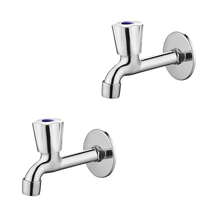 Spazio Stainless Steel Crown Collection Long Body Taps (Pack of 2) for Bathroom/Kitchen Taps Foam Flow Water with Wall Flange Chrome Plated Brass Disc, Bib Tap Faucet (Wall Mount Installation Type)