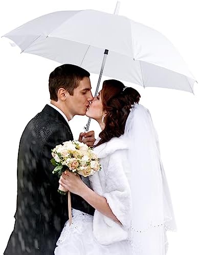 20 Pack Bulk Stick Umbrellas with J Hook Handle 47 inch Large Windproof Auto Open Pongee Umbrella for Women Men Rainy Sunny Wedding and Events (White)
