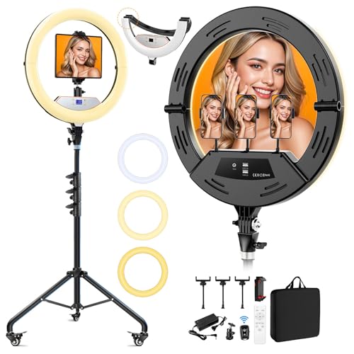 22" Foldable Ring Light with Stand 75" Tripod & Lockable Wheel/LED Display, for Live Tattoo Makeup Video Recording Barber Photography