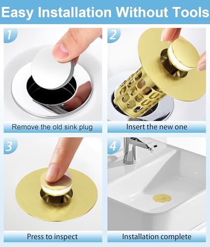 Image of QYHNYJF Upgraded Bathroom Sink Stopper with Hair Catcher - Universal Pop-Up Drain Plug, Stainless Steel & Silicone Seal for 1.1-1.5 Inch Drains, Gold Matte Brushed Finish (Gold Matte Brushed)