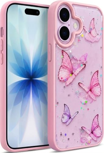 Image of VONZEE Glitter Butterfly Transparent Case Compatible with iPhone 17, Sparkly Bling Clear Back Cover, Soft TPU Shockproof Protection, Slim Stylish Protective Phone Case for Women & Girls (Pink)