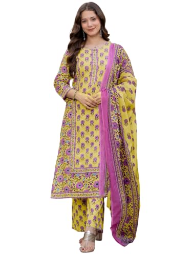 Image of Amayra Women's Pure Cotton Straight Kurta Set with Palazzo Pants & Dupatta|Kurta Set for Women