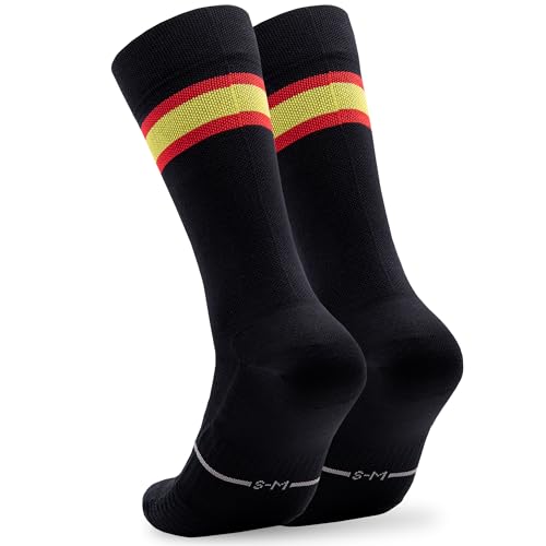 Calcetines Ciclismo Bandera España Hombre y Mujer - Calcetines Running Triatlón Gym Crossfit - Acolchados, Transpirables, Sin Costuras, Compresivos (FR/ES, Letras, L, XL, Regular, Regular, Black)