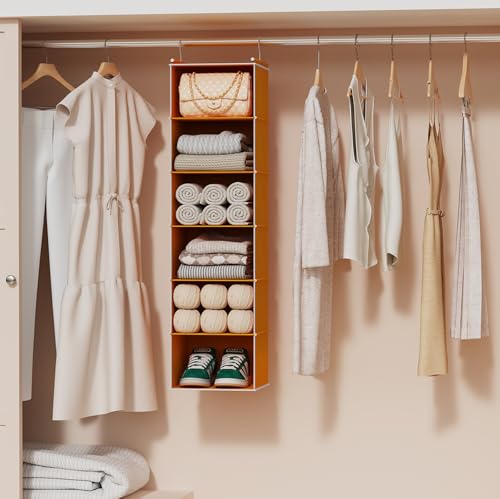 Image of MAX Houser 6-Shelf Hanging Closet Organizer, Hanging Storage Shelves with 2 Sturdy Hooks Space-Saving for Bedroom, Foldable (Yellow)