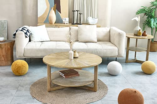 Round Oak Wood Coffee Table, Natural Boho Round Wooden Coffee Tables Living Room with Storage, Solid Light Wood Circle Center Table, Modern Farmhouse Furniture Style, 35.3x35.3x17.8in - Image 5