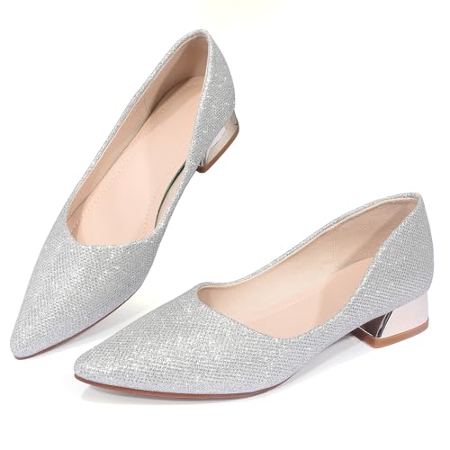 Womens Low Block Chunky Heels Pointed Toe Closed Toe Work Pumps Slip on Comfort Dress Shoes for Women Silver Size 8.5