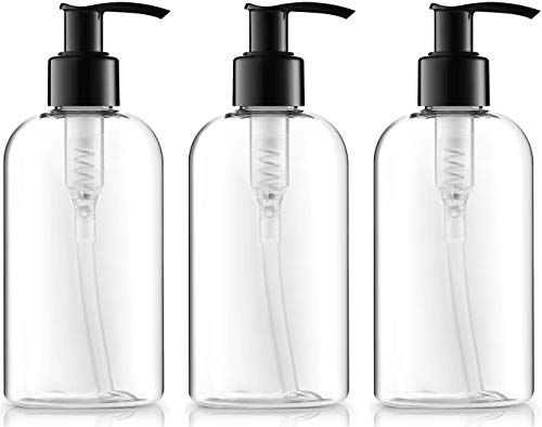 Bar5F Empty Lotion Bottles 8 Oz. Crystal Clear Short Round Bottles, Black Pump, Great for - Creams, Body Wash, Hand Soap, Self-Tanners, Bronzers and Massage Lotion, Pack of 3