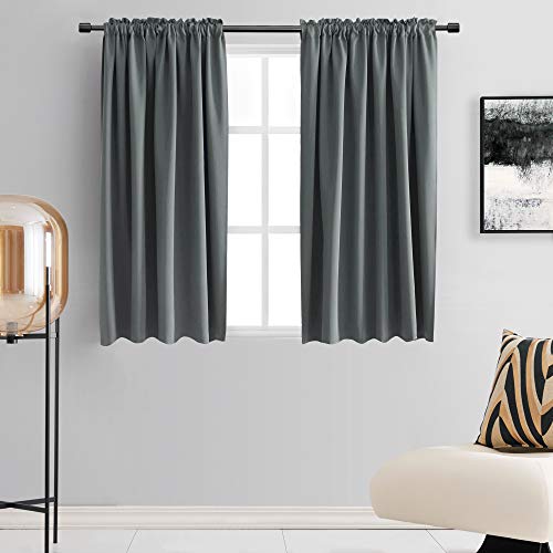 Image of DONREN 48 Inch Length Grey Blackout Curtains for Bedroom - Small Window Treatment Rod Pocket Curtain Drapes (Medium Grey,Set of 2 Panels,52 W x 48 L)