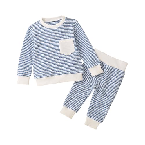Toddler Baby Boy Waffled Clothes Stripe Long Sleeve Crewneck Sweatshirt Top + Pants Set 2Pcs Fall Winter Outfits