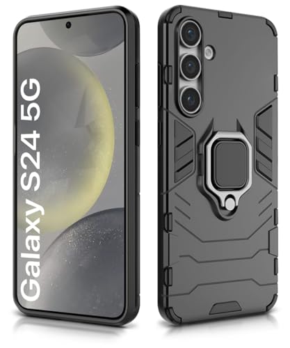 Image of WOW IMAGINE Shock Proof Back Case Mobile Cover for Samsung Galaxy S24 5G | Back Cover Case (Tough Armor | Hybrid PC + TPU | Ring Holder & in-Built Kickstand | Black)