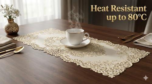 Image of Dakshya Industires Dining Table Mats Set of 7 PVC Waterproof | 6 Round Placemats and 1 Decorative Runner