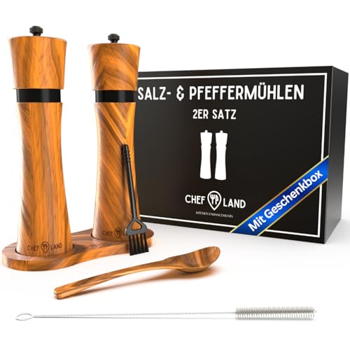 Salz und Pfeffermühlen Set aus Holz mit Untersetzer | Premium Gewürzmühlen in Geschenkverpackung | Langlebiger Keramikmahlwerk | ChefLand Kitchen Enhancements