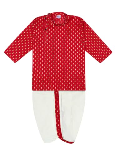 Image of superminis Boy's Cotton Kurta with Dhoti - Golden Thread Work, Solid Round Collar, Full Sleeves, Side Button Kurta Set for Ethnic Wear