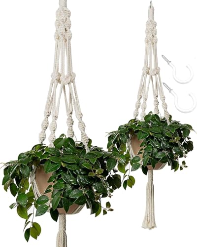 Bulky Plant Hanger Macrame Handmade Indoor Outdoor Decoration Hanging Planter Cotton Rope Basket 0.24in Thick Sturdy for Round & Square Flower Herbs Pots (No Pots No Plants) 46in, 4 Legs, 2 pcs