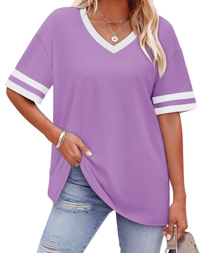 Image of WIHOLL Womens T Shirts Loose Fit Short Sleeve Tees V Neck Color Block Summer Tops 2026 Fashion S-4XL