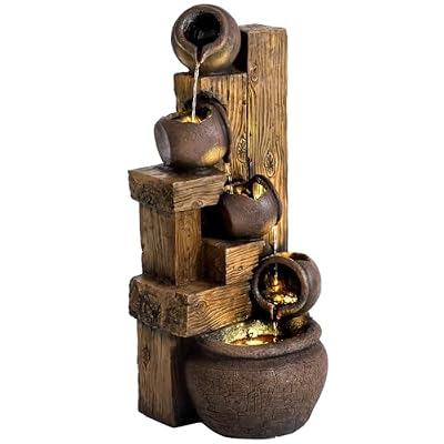 Grepatio 39.3" Tall Outdoor Water Fountain Garden Waterfalls Fountain with LED Lights 5 Tier Modern Indoor/Outdoor Floor Standing Water Fountain with Pump for Garden, Patio, House Decor (Brown)