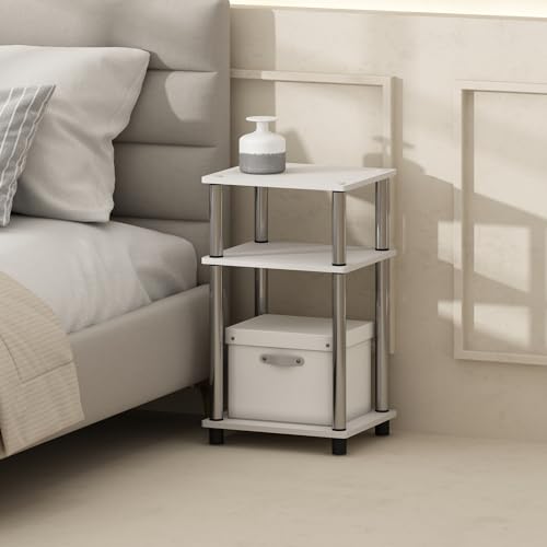 Image of Furinno Just 3-Tier Turn-N-Tube Open Storage Nightstand, 2-Pack, Plastic Poles, White Oak /Stainless Steel