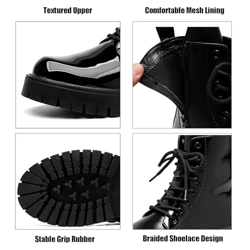 Men'S Black Patent Leather Platform Combat Boots Fashion Side Zipper Wide Toe Lace Up Chunky Lug Sole High Top Motorcycle Boots Comfort Waterproof Non-Slip Casual Ankle Booties2