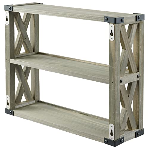 Mygift Wall Mounted Vintage Gray Solid Wood 2 Tier Storage Shelf Rack, Decorative Farmhouse Kitchen Spice Rack Condiment Shelf Organizer With X Design And Black Metal Corner Wrap #TOP5