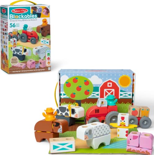 Melissa & Doug - Blockables Bauernhof Bauset - 56 teiliges Set mit Holzbausteinen, Steckverbindungen, Filzaccessoires und mehr für kreatives Bauen und Spielen, für Kinder ab 2 Jahren