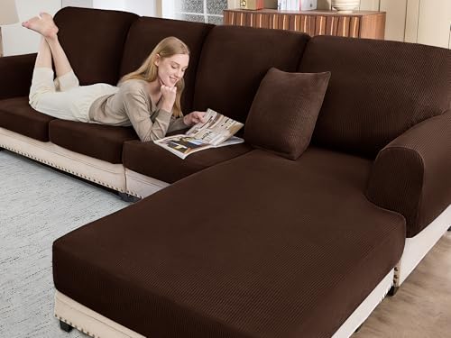 Sectional Couch Covers for Sofa Cushion L Shaped Couch Cover Washable Soft Couch Cushion Covers Stretch Sofa Slipcovers with 2 Pcs Pillowcases(3-Piece 2 Seater + 1 Chaise, Brown)