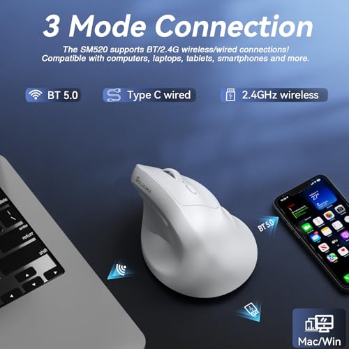 SOLAKAKA SM520 Ergonomic Mouse with 24000 DPI, Vertical Mouse with Programmable Side Button, Wireless Mouse with Tri-Mode Connection - BT5.0/USB-C/2.4GHz, for Desktop, PC, Laptop (White) - Image 4