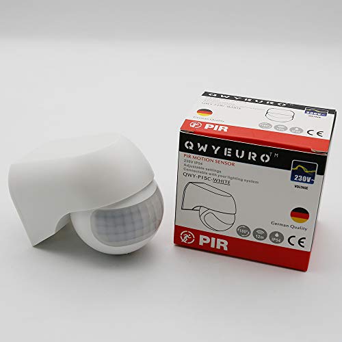 qwyeuro détecteur de mouvement infrarouge, ip44 led, portée intérieur/extérieur ip44,230 v max.12 m/180 °,800/400 w (blanc)