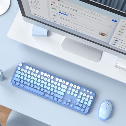 Image of KNOWSQT Wireless Keyboard Mouse Combo - Lovely Blue-Gradient Rainbow Full-Sized Typewriter Colorful Keyboards, Round Keycap Plug Play Retro Cute Keyboards for Windows, Laptop, PC, Desktop, Computer