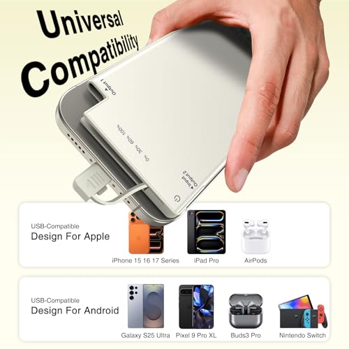 Auskang Thin Portable Charger with Built in USB-C Cable-5000mAh Slim Power Bank Compatible with Samsung, Google Pixel/Android Phones/ iPhone17 16 15 Series etc-Thin Battery Pack for Outdoor Travel by Auskang - Used condition - Image 2