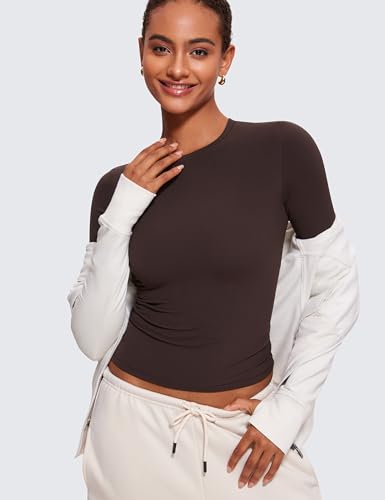 CRZ YOGA Softembrace Long Sleeve Shirts for Women Soft Crew Neck Fall Basic Tight Tops Fitted Casual Going Out T-shirts Hot Fudge Brown Small