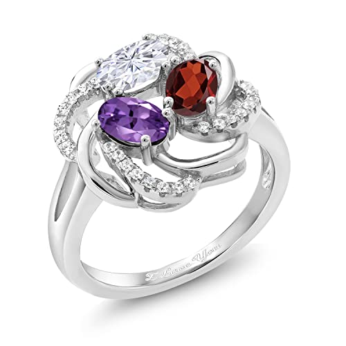 Gem Stone King 925 Sterling Silver Promise Customized and Personalized Build Your Own 3 Birthstone For He Engagement Flower Blossom Ring For Women