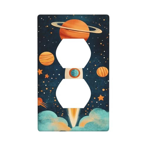 Cute Rocket Ship in The Space Outlet Cover Light Switch Cover Decorative 1 Gang Wall Plate for Kitchen Room Bathroom Size 7x11.4cm
