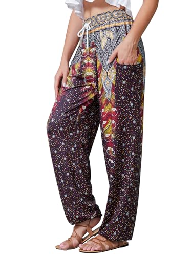 QIANXIZHAN Damen Haremshose Hippie Palazzo Hose Boho Jogger Yoga Kleidung mit Taschen, 3-Schwarze Blume, Groß