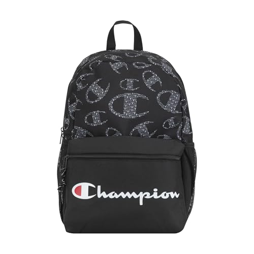 Champion Kids' Merit Backpack with Padded Straps, Water Bottle Pocket and Laptop Compartment for Daily Use, Black/White, One Size