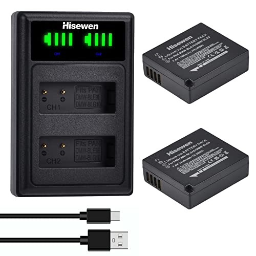 Hisewen DMW-BLG10 DMW-BLE9 Batterie 2Pcs, Double Chargeur pour Panasonic DC-G100, DC-ZS80, DC-GX9, DC-LX100 II, DC-ZS200, DC-ZS70, DMC-GX80, DMC-GX85, DMC-ZS60, DMC-ZS100, DMC-GF6, DMC-GX7K