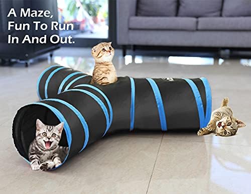 Pawaboo Cat Toys, Cat Tunnel Tube 3-Way Tunnels 25x40cm Extensible Collapsible Cat Play Tent Interactive Toy Maze Cat House Bed with Balls and Bells for Cat Kitten Kitty Rabbit Small Animal, Blue