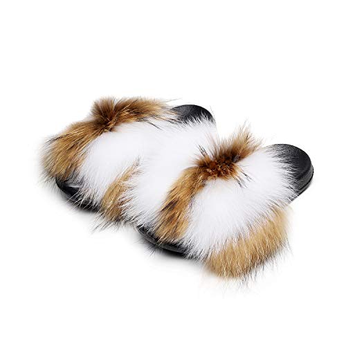 HONGTEYA Real Fox Fur Slides Slippers for Women 20+ Styles Toddler Girls Feather Slip On Summer Furry Sandals Flip Flops Shoes Flats