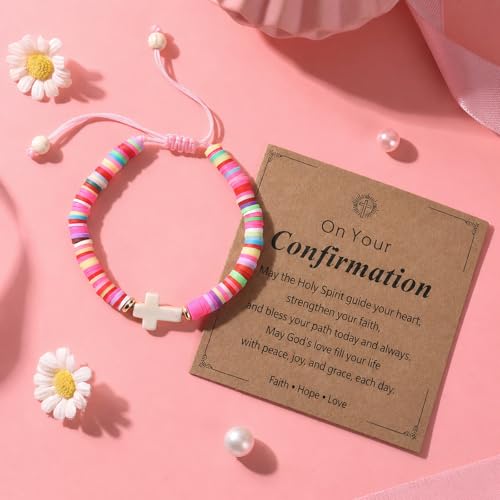 Image of Adjustable Colorful Cross Bracelet Gift Box Set for Girls | White cross, scripture card for baptism first communion confirmation Easter Christmas birthday