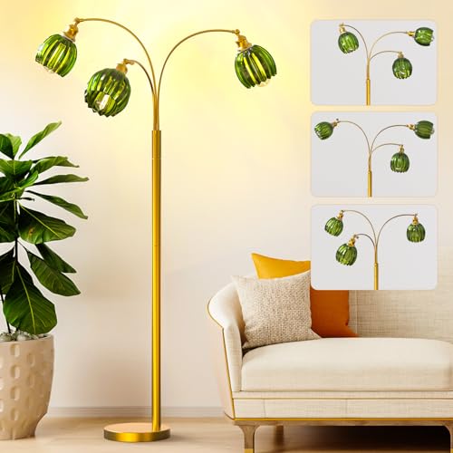 Arc Floor Lamps for Living Room, Gold Dimmable Floor Lamp with Green Flower Glass Shades and 3 Brightness Lights, Adjustable Arm, Modern Tree Tall Standing Lamp Corner Arched Light for Bedroom Decor