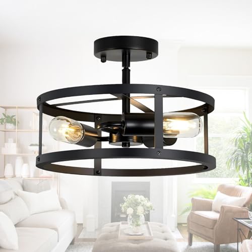 Mikeru Vintage Industrial Style Pendant Light, 3 Lights Metal Black Ceiling Pendant with Semi-Recessed LED Lighting for Study, Bedroom, Tea Room, Dining Room