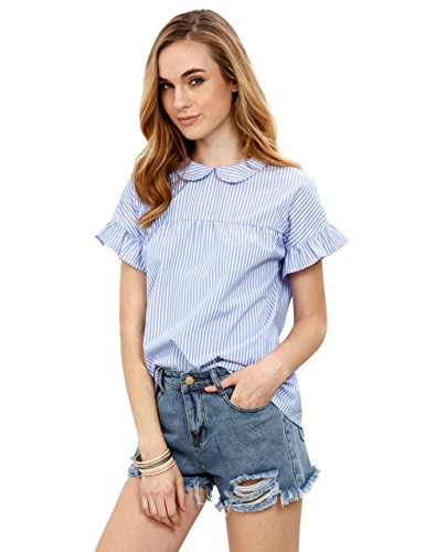 Shein Women's Striped Collar Blouse Short Ruffle Sleeve Babydoll Shirt Top Large Blue #TOP3