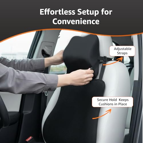 Image of Amazon Basics Memory Foam Car Comfort Combo of 3 - Car Neck Rest Pillow, Lumbar Back Support Cushion & Wedge Seat Cushion | Ergonomic Car Seat Support for Driving, SUV, Sedan, Universal Fit - Black