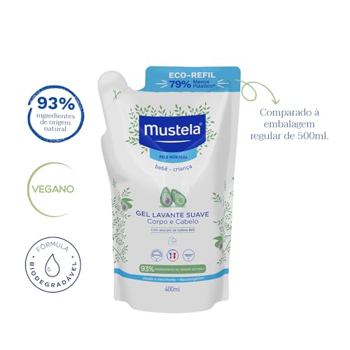 Mustela Refil Gel Lavante Suave 400ml - Sabonete Líquido Corpo e Cabelo Para Bebês e Crianças – Feit