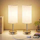 UPXNBOR Nachttischlampe 2 Stück mit Ladefunktion über USB-A & USB-C Anschlüssen, Leselampe, Schreibtischlampe, Nachttischlampe Touch Dimmbar, 3 Stufen Warmlicht, 1,5 m Kabel, Silber (E27-Lampe inkl)