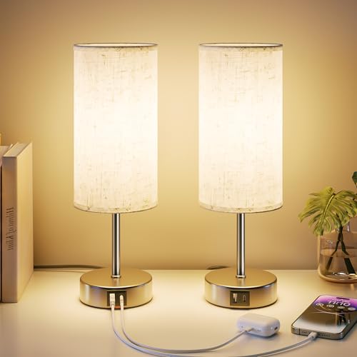 UPXNBOR Bedside Lamps Set of 2, Table Lamp for Bedroom/Living Room/Study Room/Office with USB A+C Ports, Reading Light, Desk Lamp, 1.5m Cable, Linen Fabric Shade, Silver Metal Base (E27 Bulb Incl.)