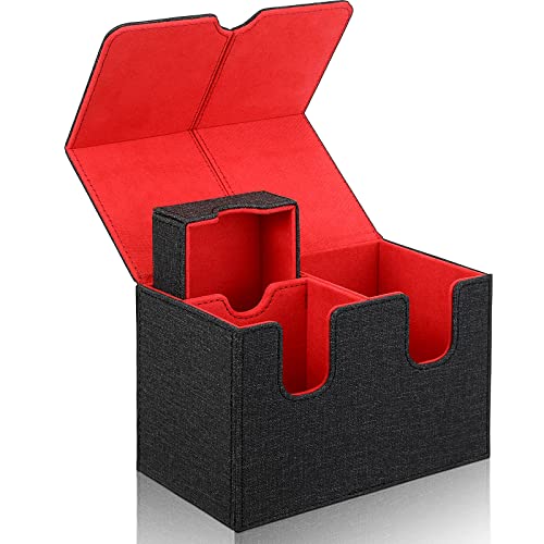 Silkfly Deck Card Boxes Double Sleeved Compatible with MTG TCG CCG Commander Decks Flip Storage Card Deck Carrying Case with Dice Tray Deck Holder for over 200 Trading Cards (Black Red)