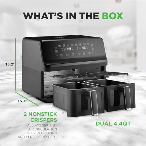 NutriChef Double Basket Air Fryer, 9 Cooking Options/Presets, Precise Temp Control, Oil-Free Cooking with Transparent Window, Dual 4.4QT Baskets for Versatile Meals, Sleek Black Design by Nutrichef - Image 6